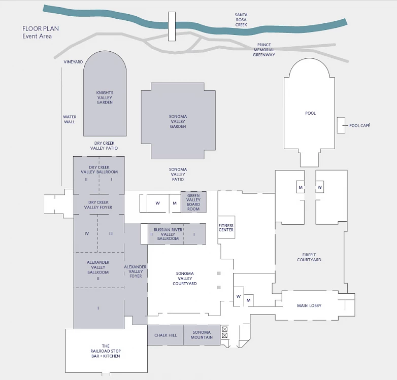 The image is a floor plan of an event area, detailing various rooms, halls, and outdoor spaces with labels for specific uses and facilities.