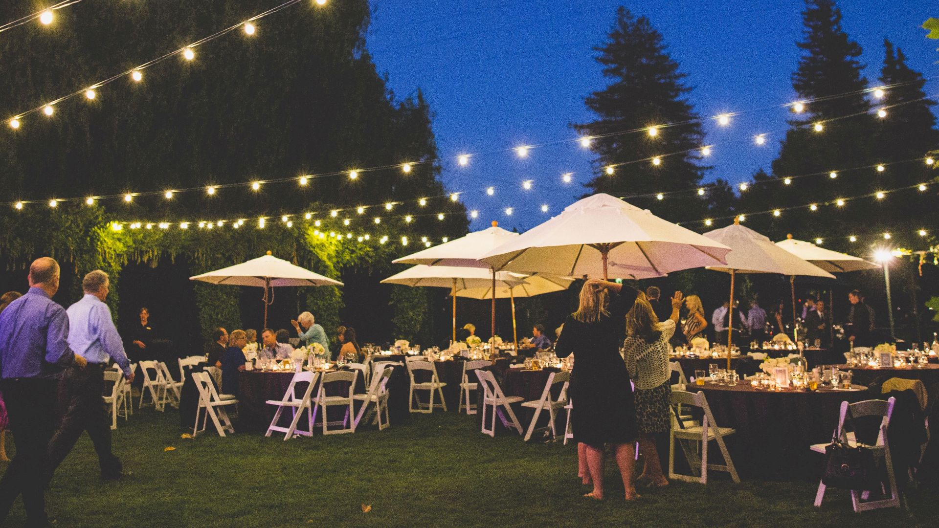 An outdoor evening event with people gathered under string lights and umbrellas, featuring tables set up on a lawn surrounded by trees and greenery.