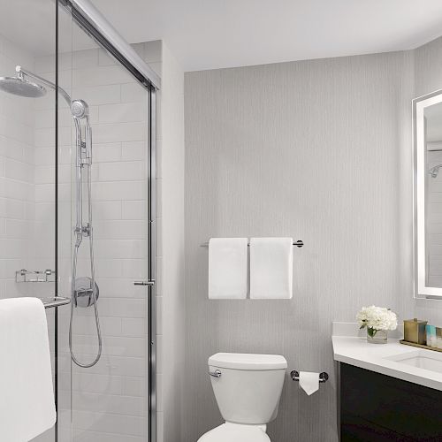 The image shows a modern bathroom with a glass-enclosed shower, toilet, towel rack with two towels, countertop with toiletries, and a large mirror.