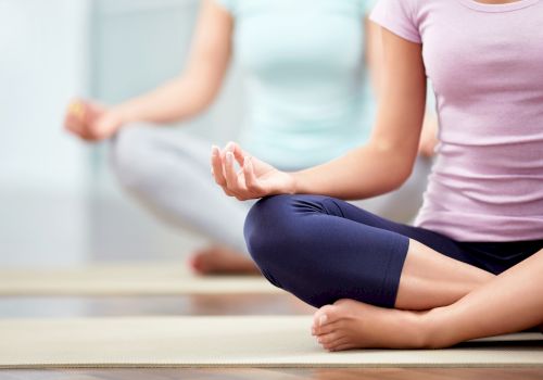 Two people are sitting on yoga mats in a cross-legged position, practicing meditation. They appear to be indoors.