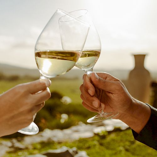 Two hands clink glasses of white wine outdoors, with a scenic landscape in the background, suggesting a celebration or toast.