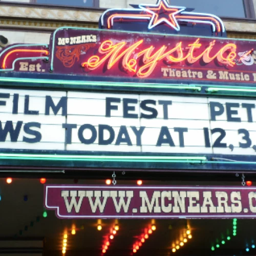 Marquee at Mystic Theatre & Music Hall advertises "Film Fest Petaluma" with showtimes listed at 12, 3, 7:30, and 10:30.