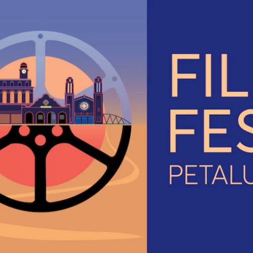 An illustration for "Film Fest Petaluma" with a film reel and buildings, set against a gradient backdrop with text on the right side.