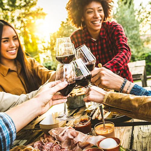 A group of friends is toasting with wine glasses at an outdoor gathering, enjoying food and drinks at a wooden table.