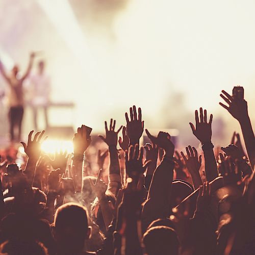 A lively concert scene with a crowd of people raising their hands, a brightly lit stage, and performers in the background.