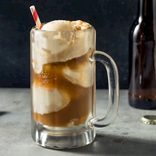 A glass mug filled with a root beer float, topped with vanilla ice cream and a straw, sits next to an empty bottle and bottle cap.