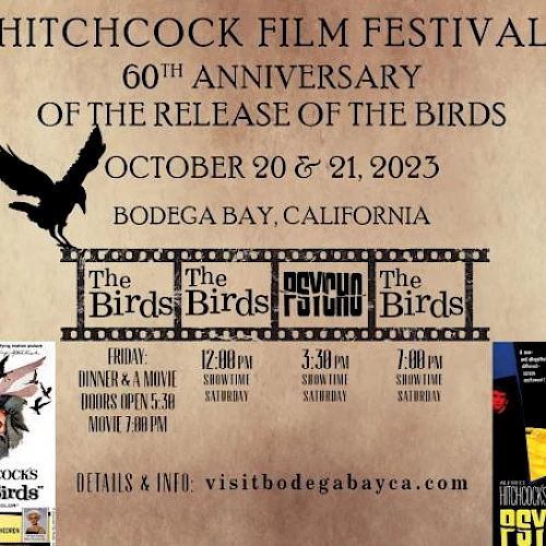 Hitchcock Film Festival celebrating 60th anniversary of "The Birds" on Oct 20-21, 2023, in Bodega Bay, California. Films and activities detailed.